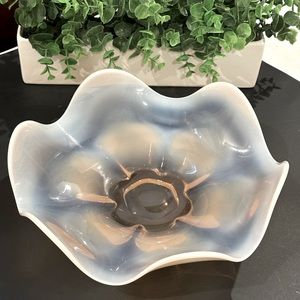 1960s Duncan Miller Canterbury Pink  Glass Ruffled Candy Bowl 10”5 Lotus Flower